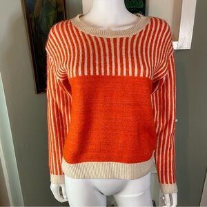 FRNCH Orange Metallic Cream Striped Fuzzy Sweater S/M Acrylic Crewneck Pullover